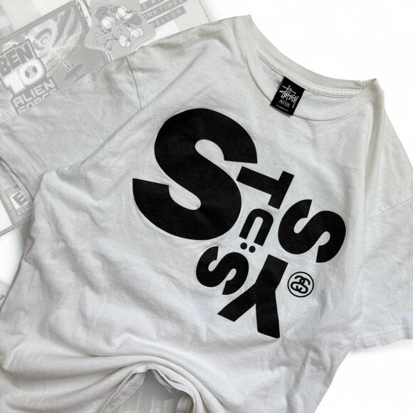 Y2K Black & White Stussy Spell out Logo No.4 Graphic Tee - Picture 4 of 5